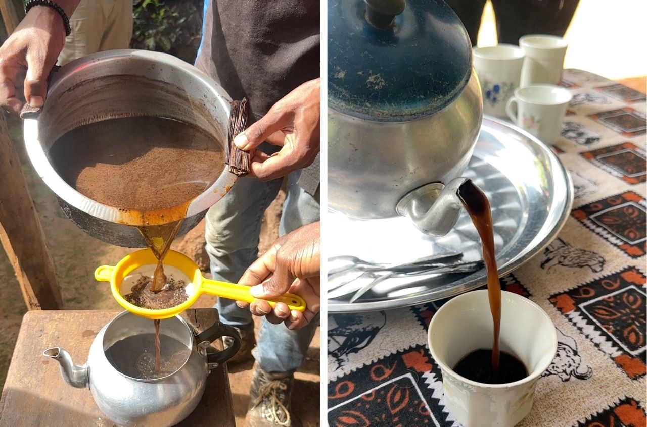 filtering the coffee before enjoying every last drop
