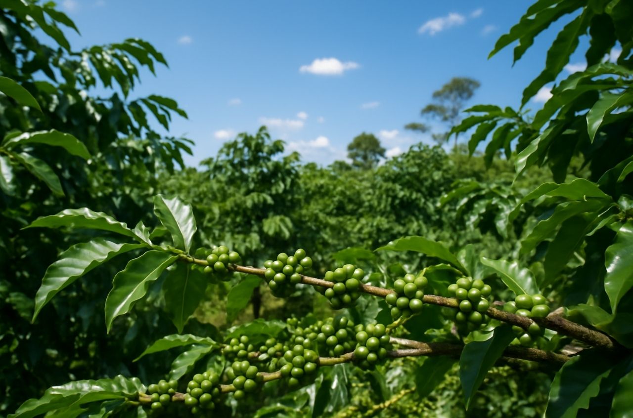 Coffee beans growing on a farm