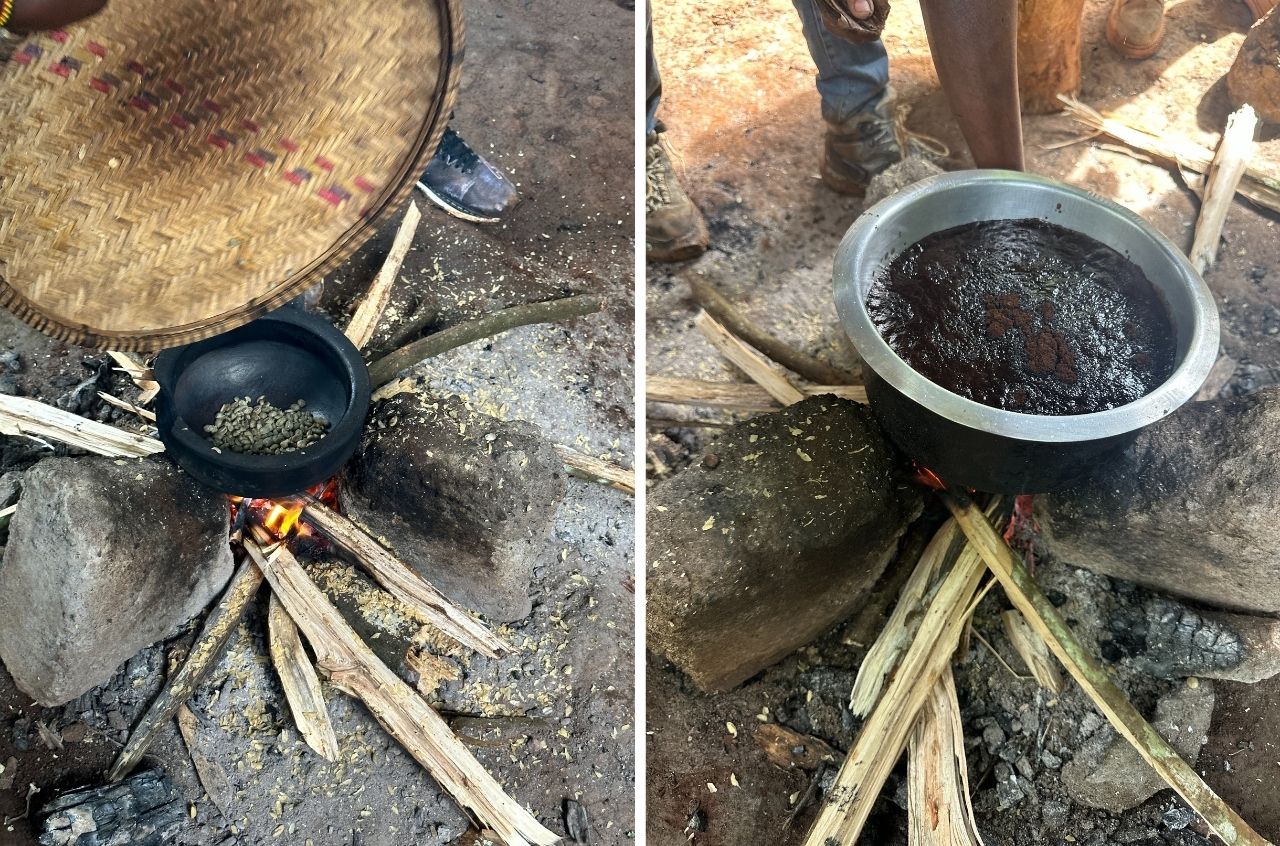 Raw beans are roasted on an open fire. Coffee is ground and boiled